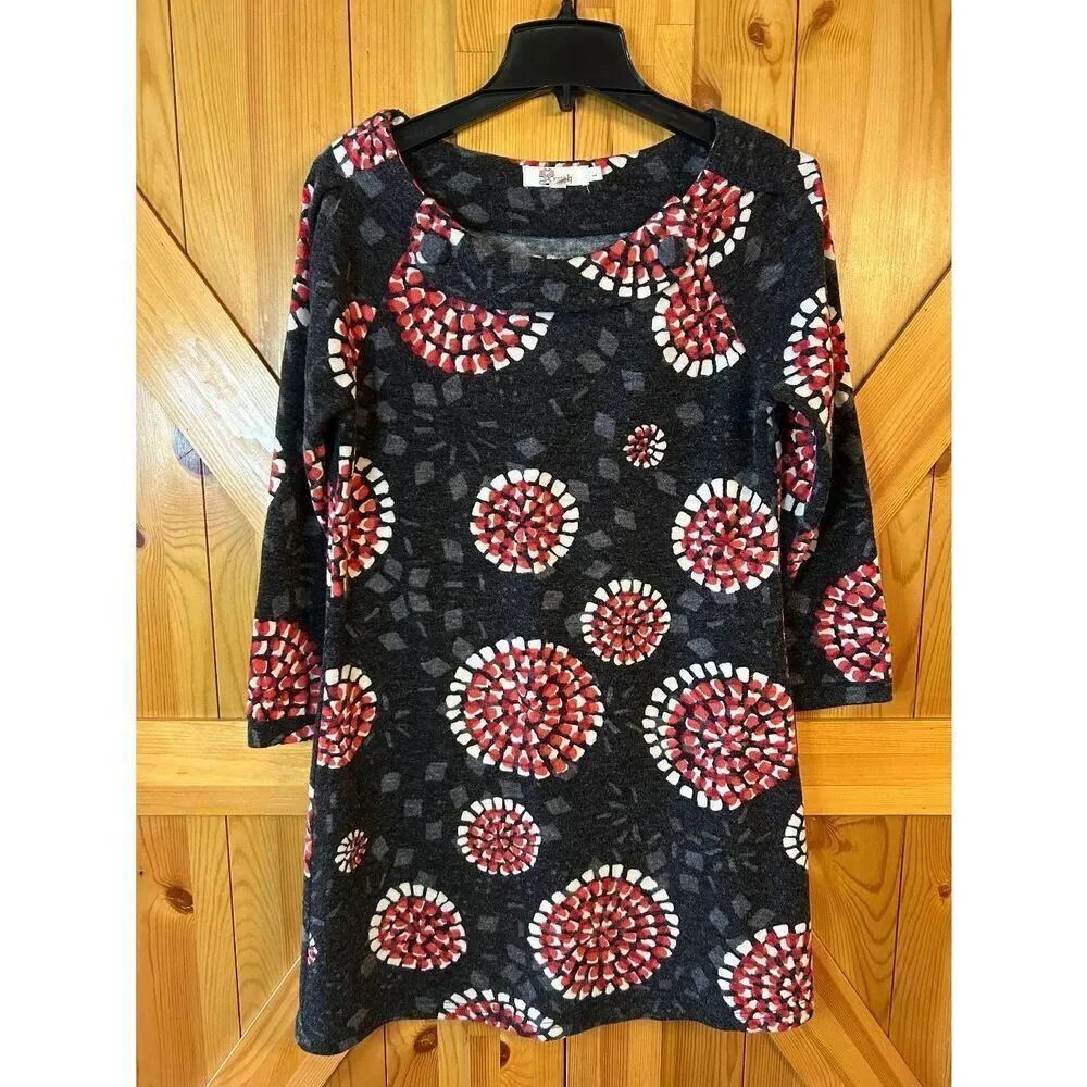 Aryeh Black Red White Gray 3/4 Sleeve Moroccan Sweater Dress Size Large (8803)
